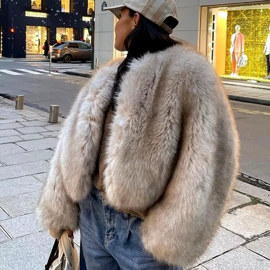 Luxury Thicken Fluffy Faux Fur Coat Women Autumn Winter Loose Long Sleeve Warm Jacket Female Elegant Lady Chic Street Outerwear